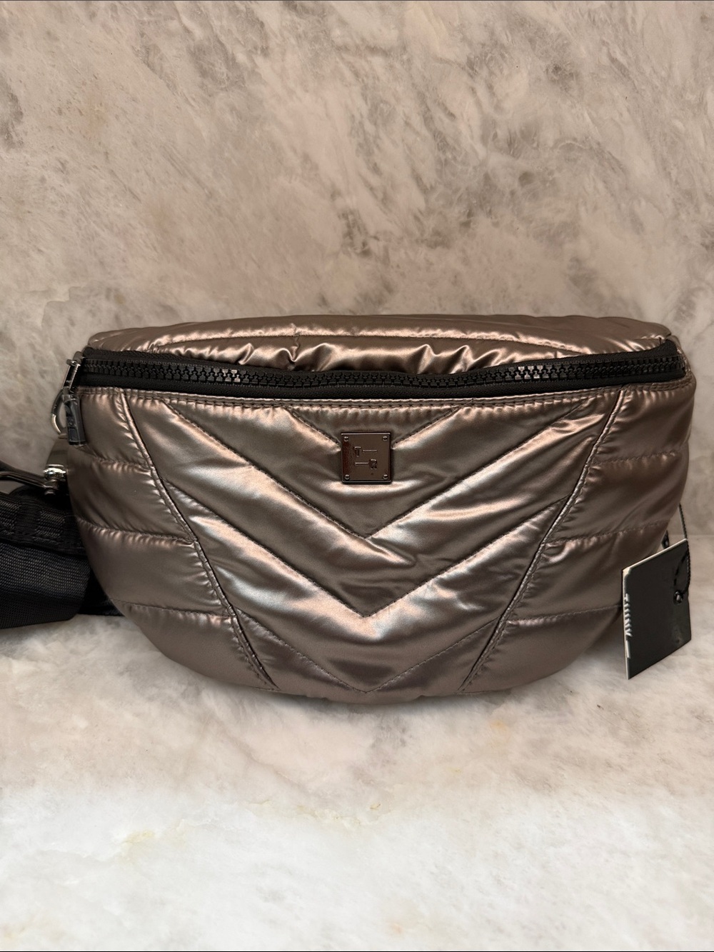 NWT, Think Royln, Quilted Metallic Taupe Cross Body. Beautiful color.